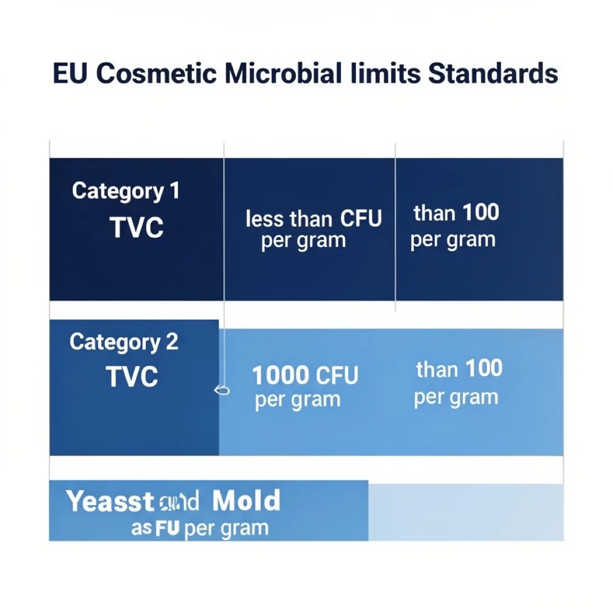 EU cosmetic microbial limits chart showing TVC, yeast, mold, and pathogen standards per ISO 17516